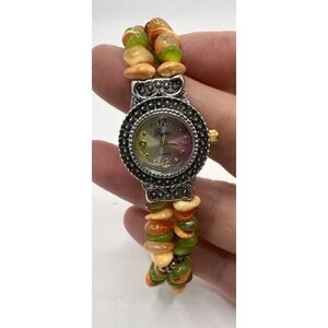 Royalton Women's Stretch Bead Yellow‎  Coral Orange Silver Quartz 6" Wrist Watch